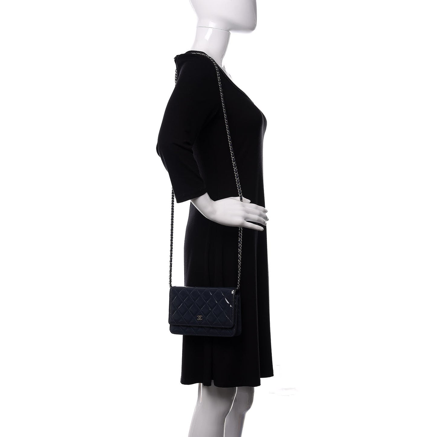 Patent Quilted Wallet On Chain WOC Navy Blue