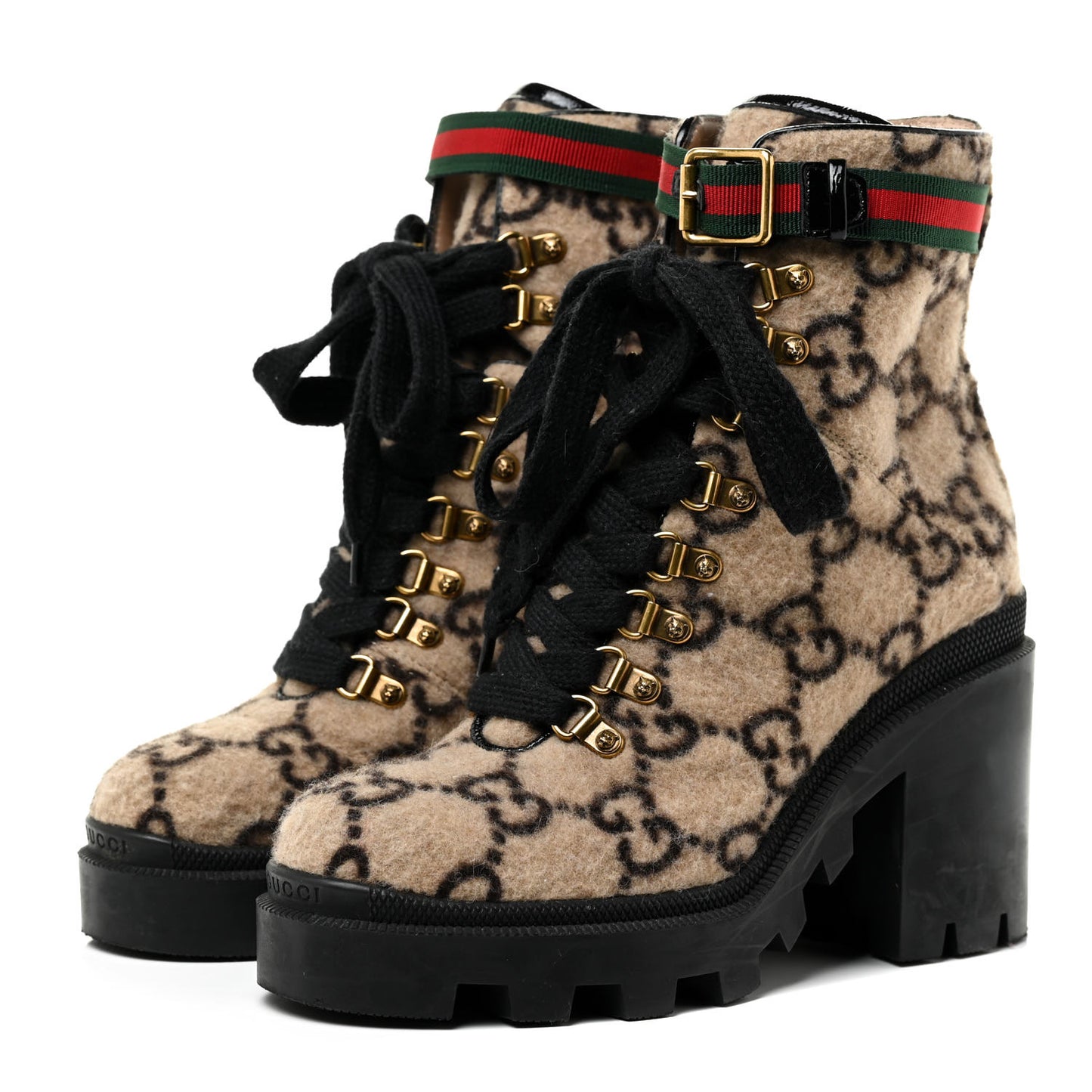 Covered Wool GG Monogram Womens Lace Up Combat Ankle Boots 38 Beige Ebony Black