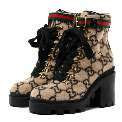 Gucci Covered Wool GG Monogram Womens Lace Up Combat Ankle Boots 38 Beige Ebony Black 6 of 36