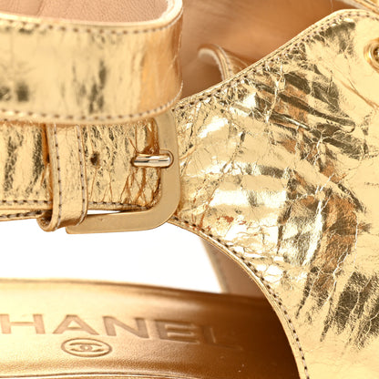 Chanel Metallic Calfskin CC Brogue Lace Up Ankle Strap Oxford Peep Toe Sandals 37 Gold 12 of 12