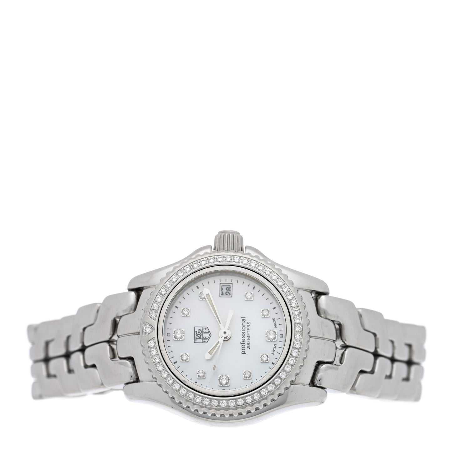 Stainless Steel Diamond Bezel Mother of Pearl 26mm Link Quartz Watch WT141J