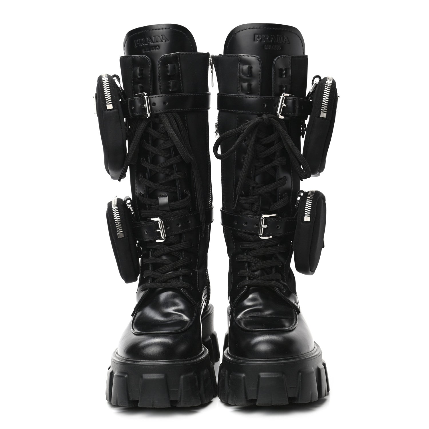 Prada Spazzolato Rois Re-Nylon Metal Triangle Logo Monolith Pouch Pocket 55mm Tall Combat Boots 36.5 Black 2 of 8
