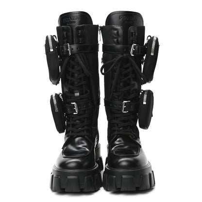 Prada Spazzolato Rois Re-Nylon Metal Triangle Logo Monolith Pouch Pocket 55mm Tall Combat Boots 36.5 Black 2 of 8
