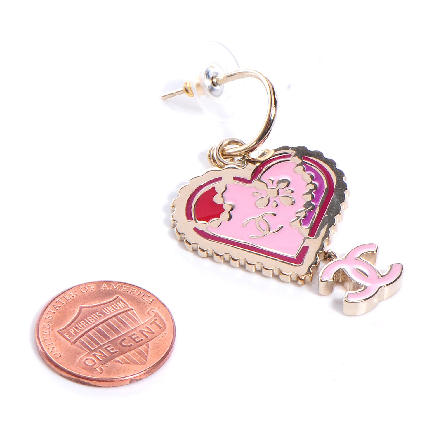 Enamel Valentine CC Heart Drop Earrings Pink Gold