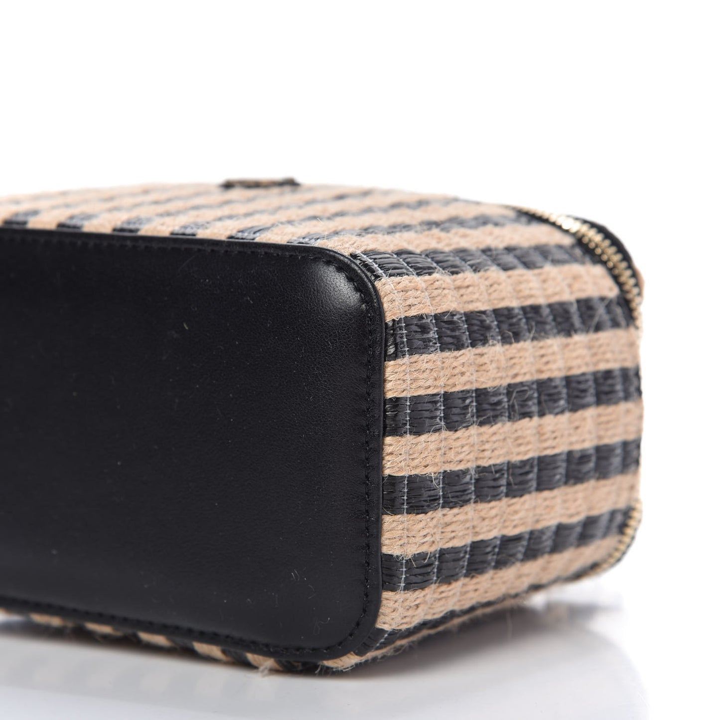 Raffia Jute Striped Small Vanity Case With Chain Black Beige