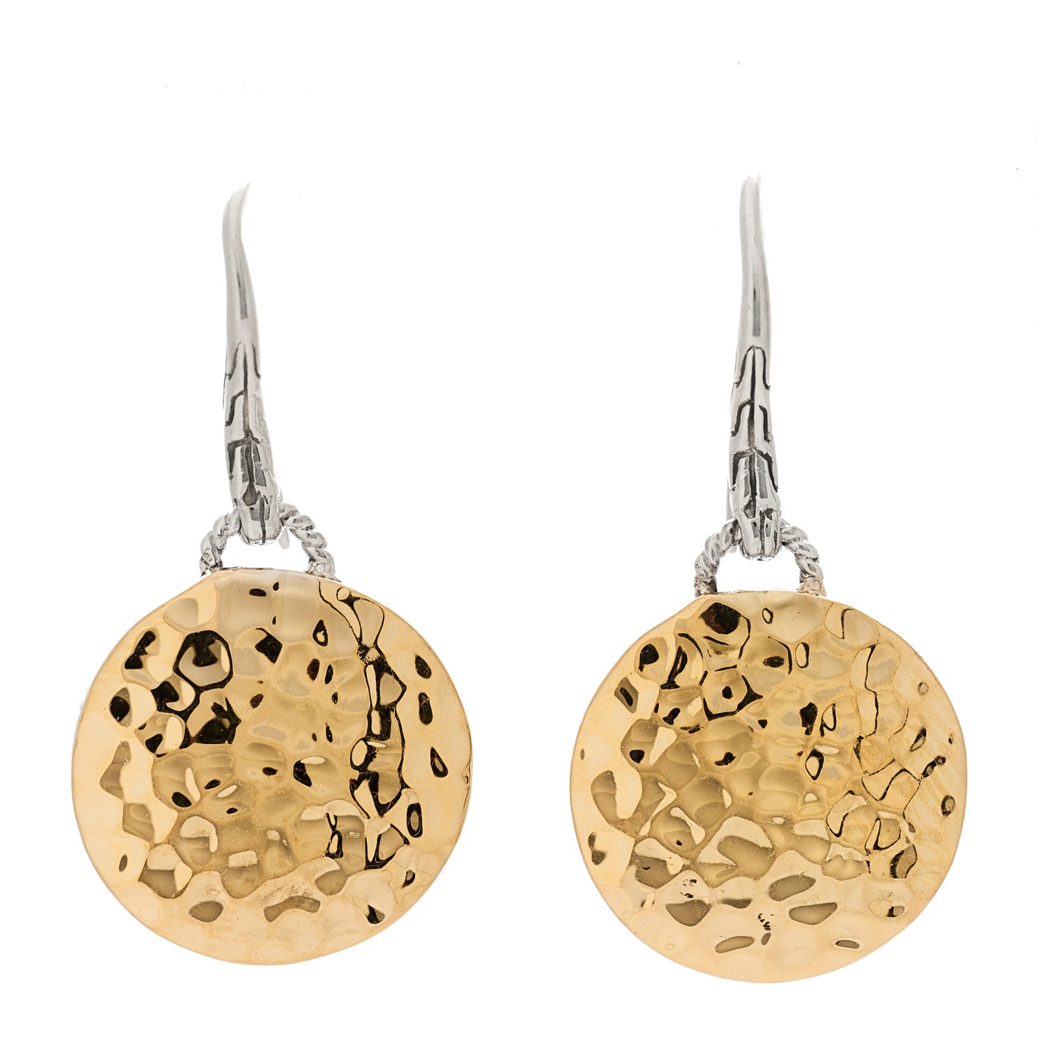 John Hardy Sterling Silver 18K Yellow Gold Hammered Disc Drop Earrings 1 of 4
