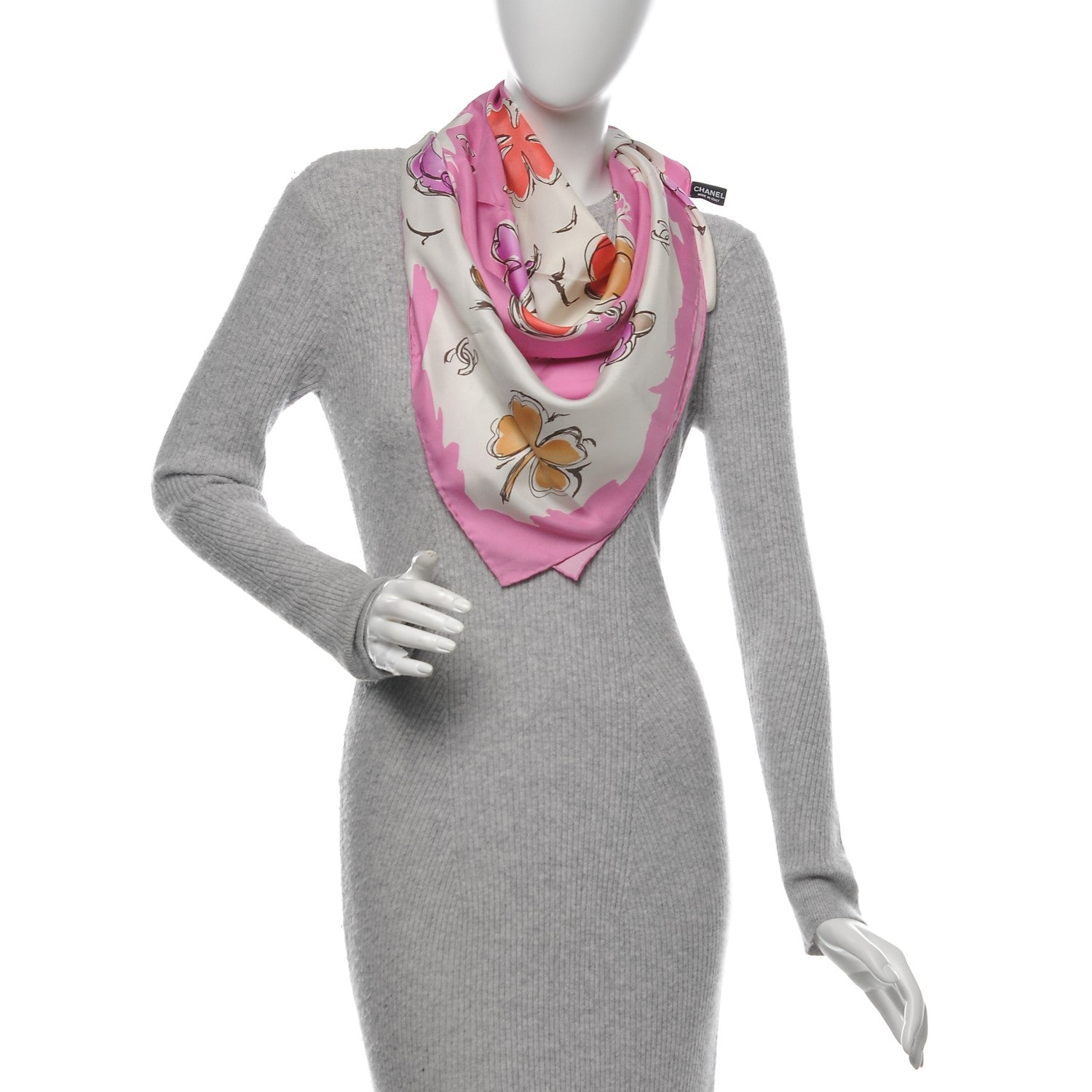 Chanel Silk CC Camellia Clover Heart Scarf Pink 2 of 8