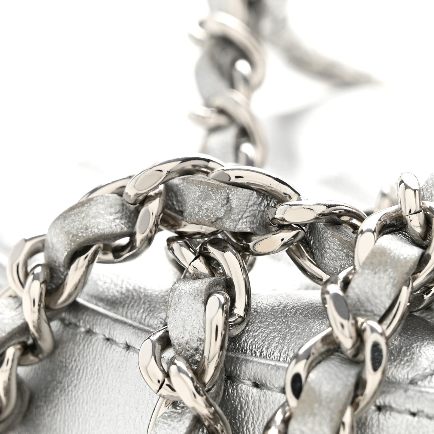 Metallic Calfskin Quilted Round Bracelet Clutch With Chain Silver