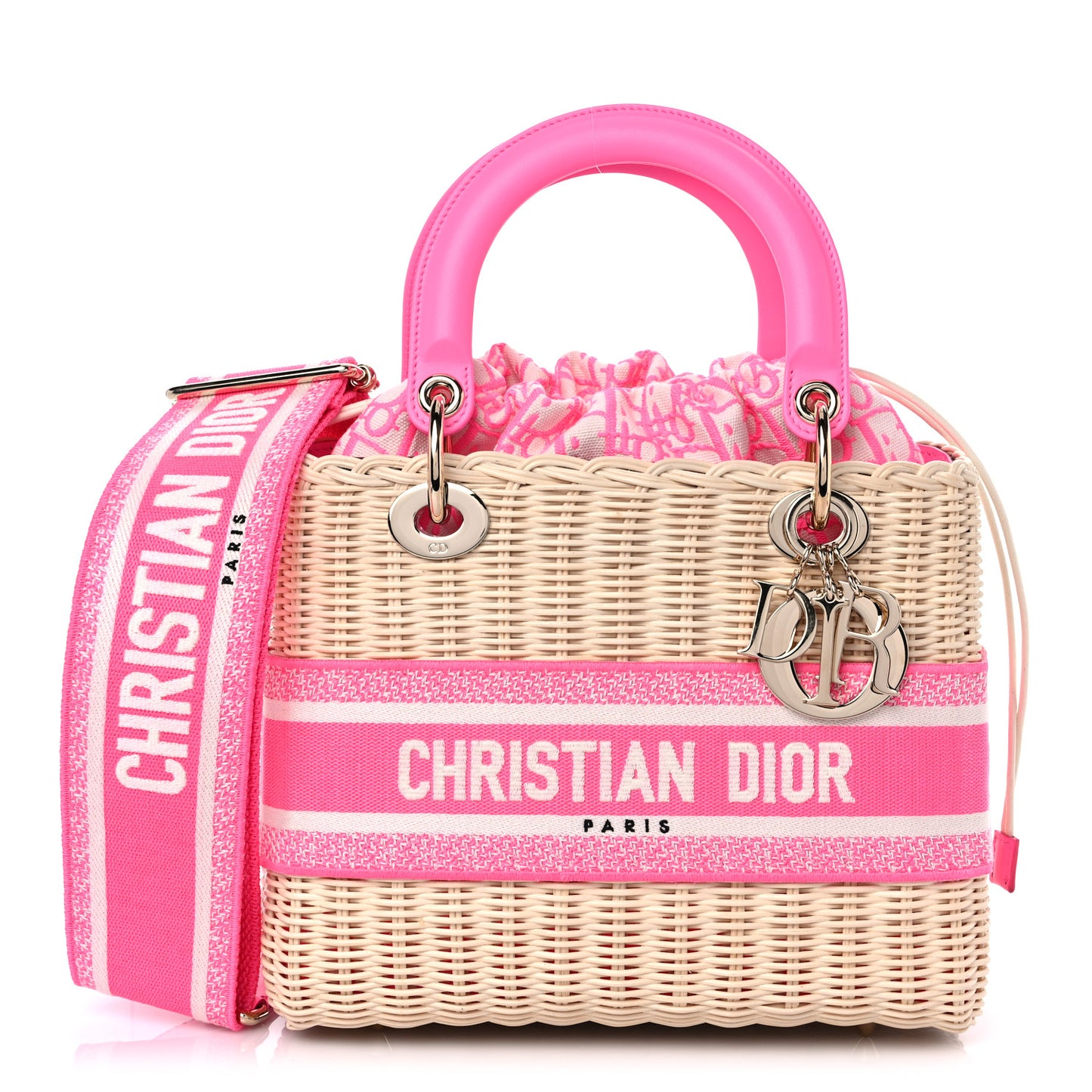 Wicker Oblique Medium Lady Dior Bag Fluorescent Pink