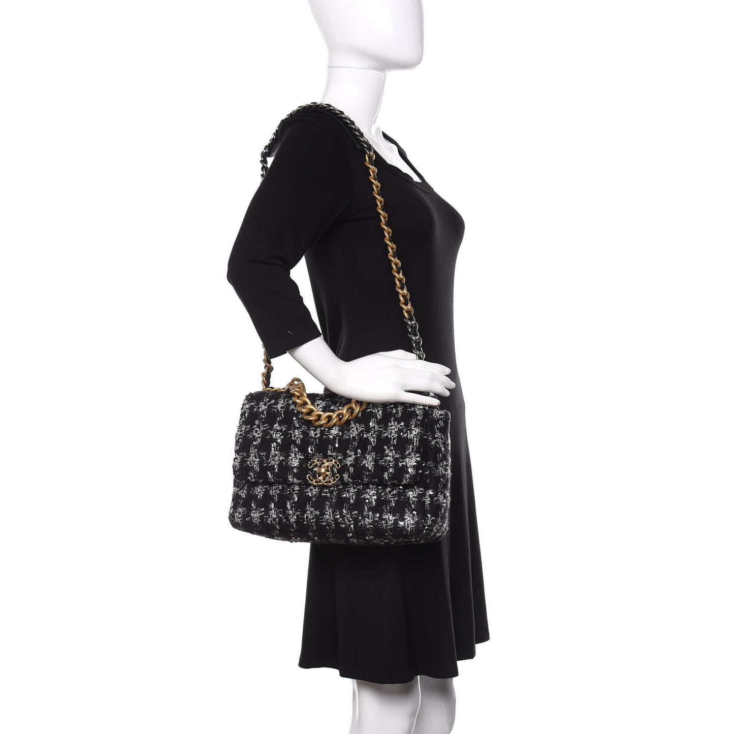 Tweed Quilted Large Chanel 19 Flap Black Silver Ecru