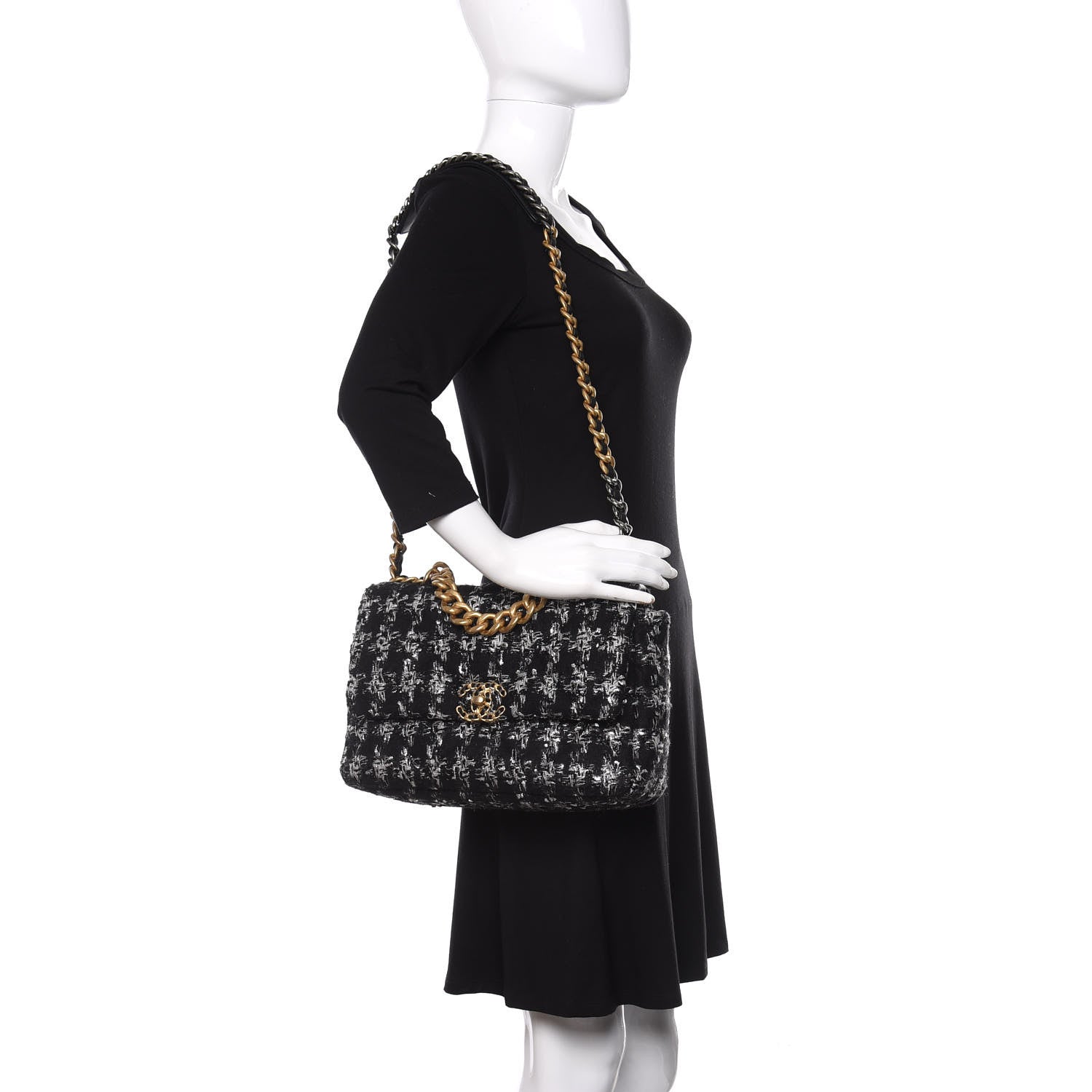Chanel Tweed Quilted Large Chanel 19 Flap Black Silver Ecru 2 of 10