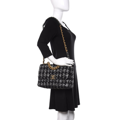 Chanel Tweed Quilted Large Chanel 19 Flap Black Silver Ecru 2 of 10