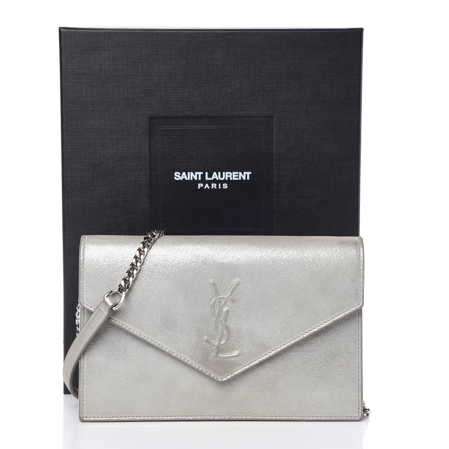 Saint Laurent Metallic Fabric Monogram Envelope Chain Wallet Silver 13 of 13