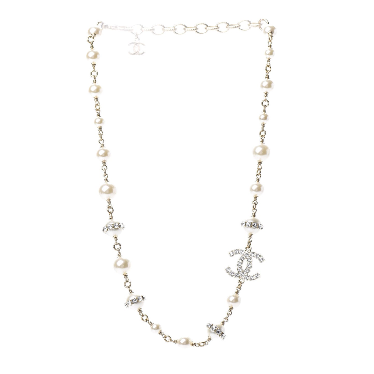Crystal Pearl CC Long Necklace Gold
