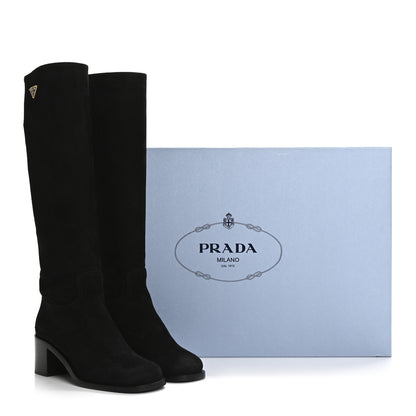 Prada Suede Metal Triangle Logo Knee Boots 38 Black 8 of 8