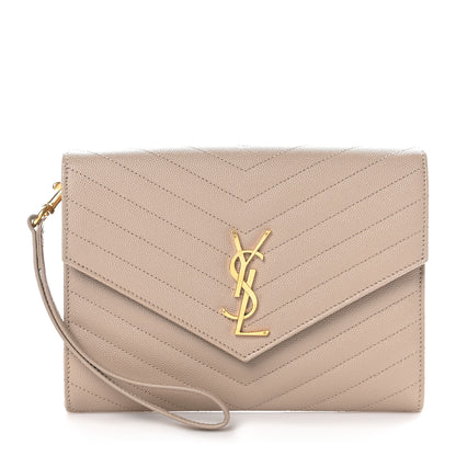 Saint Laurent Grain De Poudre Matelasse Chevron Monogram Envelope Clutch Dark Beige 1 of 8