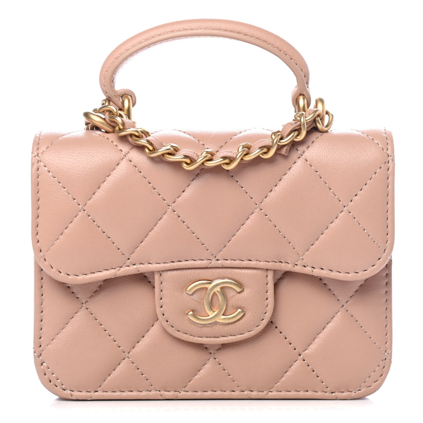 Lambskin Quilted Top Handle Flap Coin Purse With Chain Beige