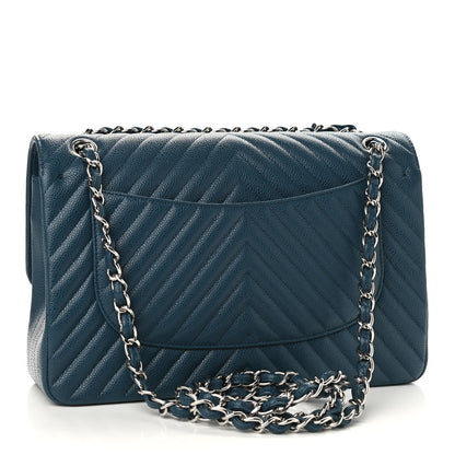 Chanel Caviar Chevron Quilted Jumbo Double Flap Blue 3 of 9