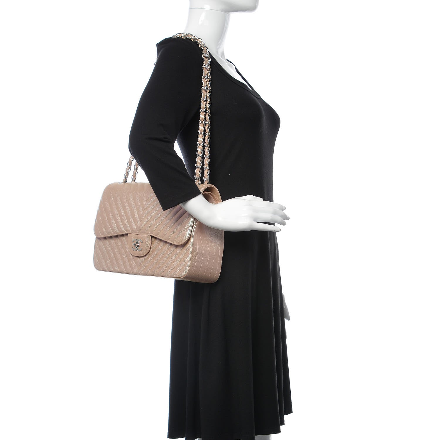 Chanel Metallic Caviar Chevron Quilted Jumbo Double Flap Light Gold 2 of 13