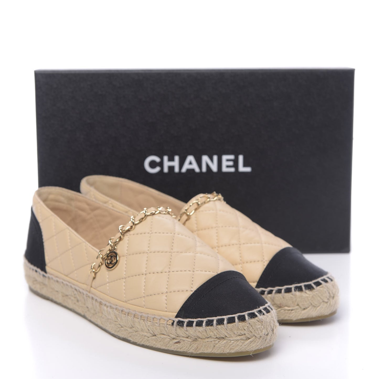 Lambskin Grosgrain Quilted CC Chain Espadrilles 39 Beige Black