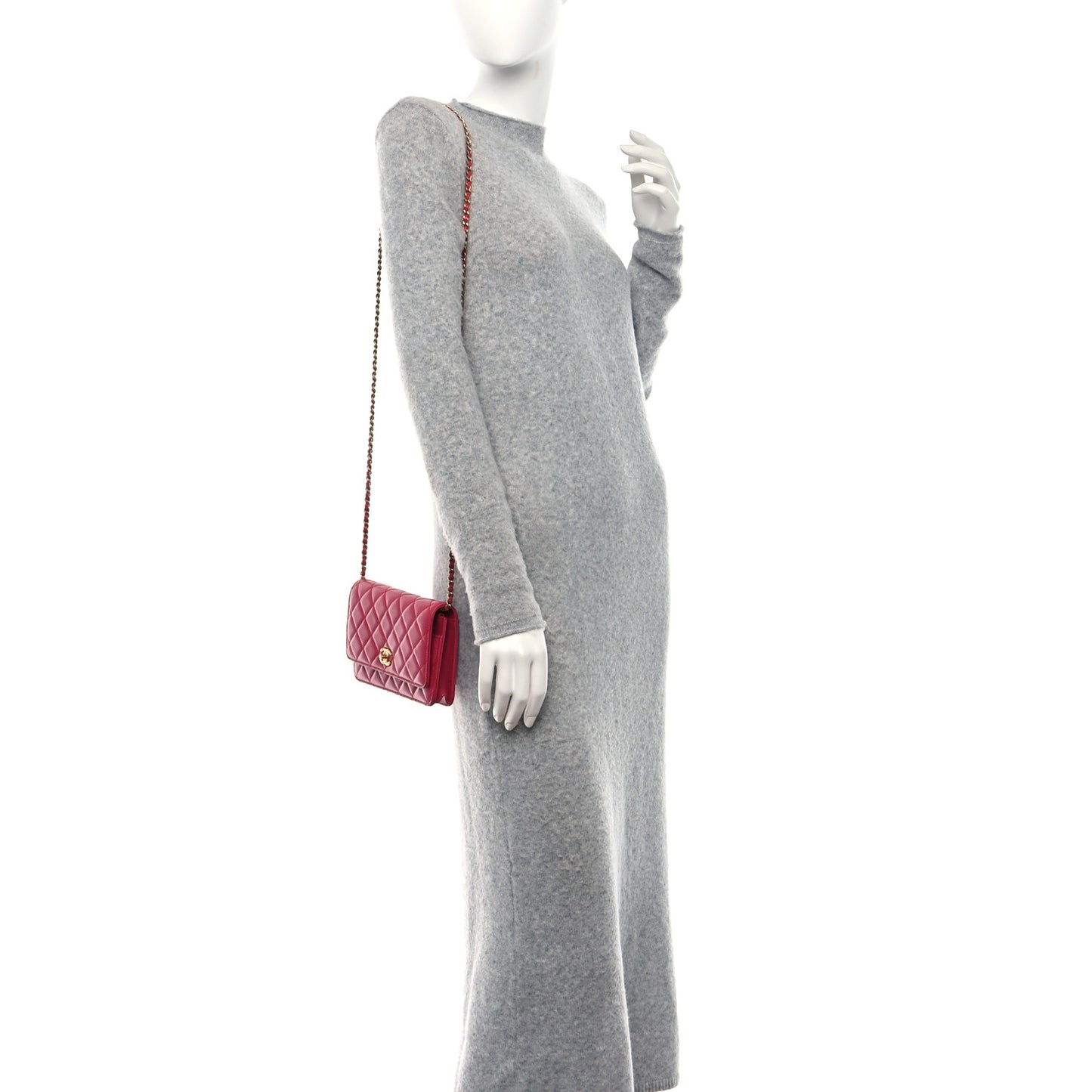 Lambskin Quilted CC Pearl Crush Wallet on Chain WOC Dark Pink