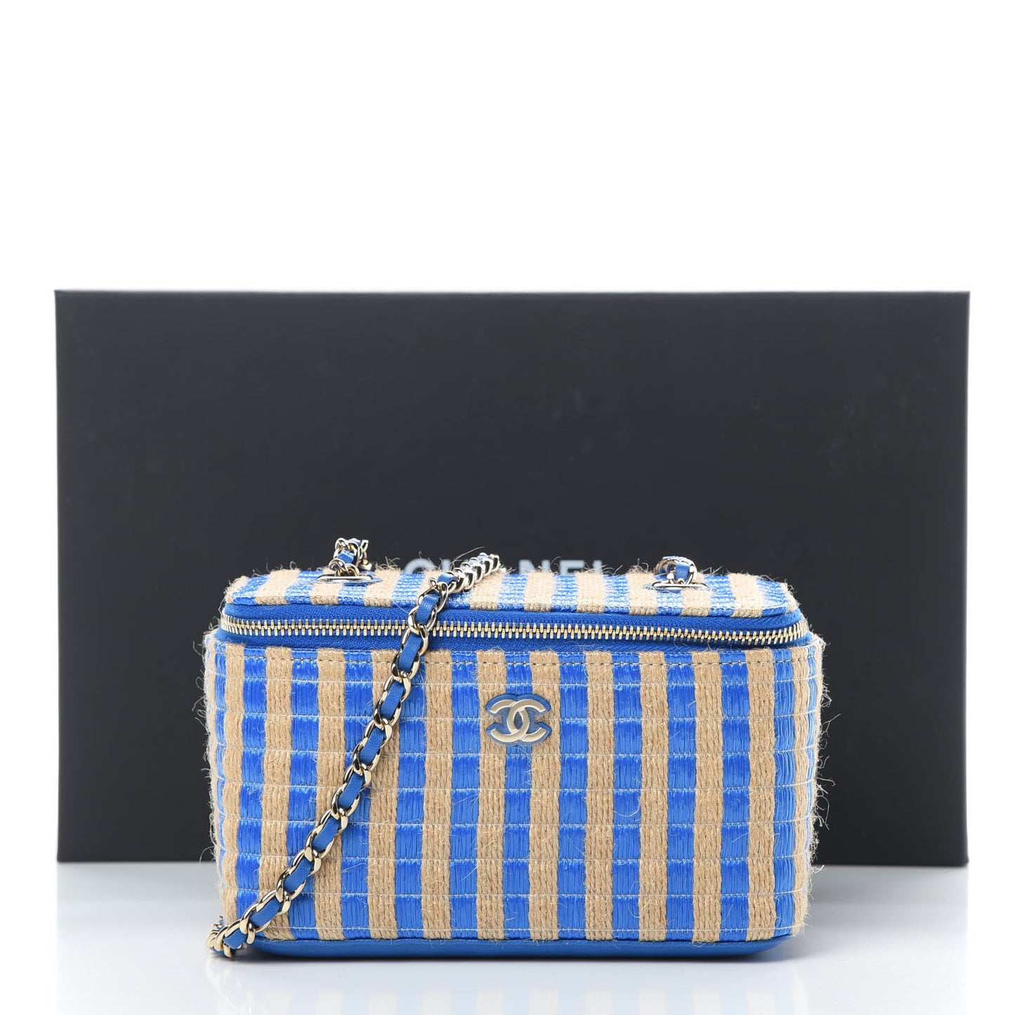 Raffia Jute Striped Small Vanity Case With Chain Blue Beige
