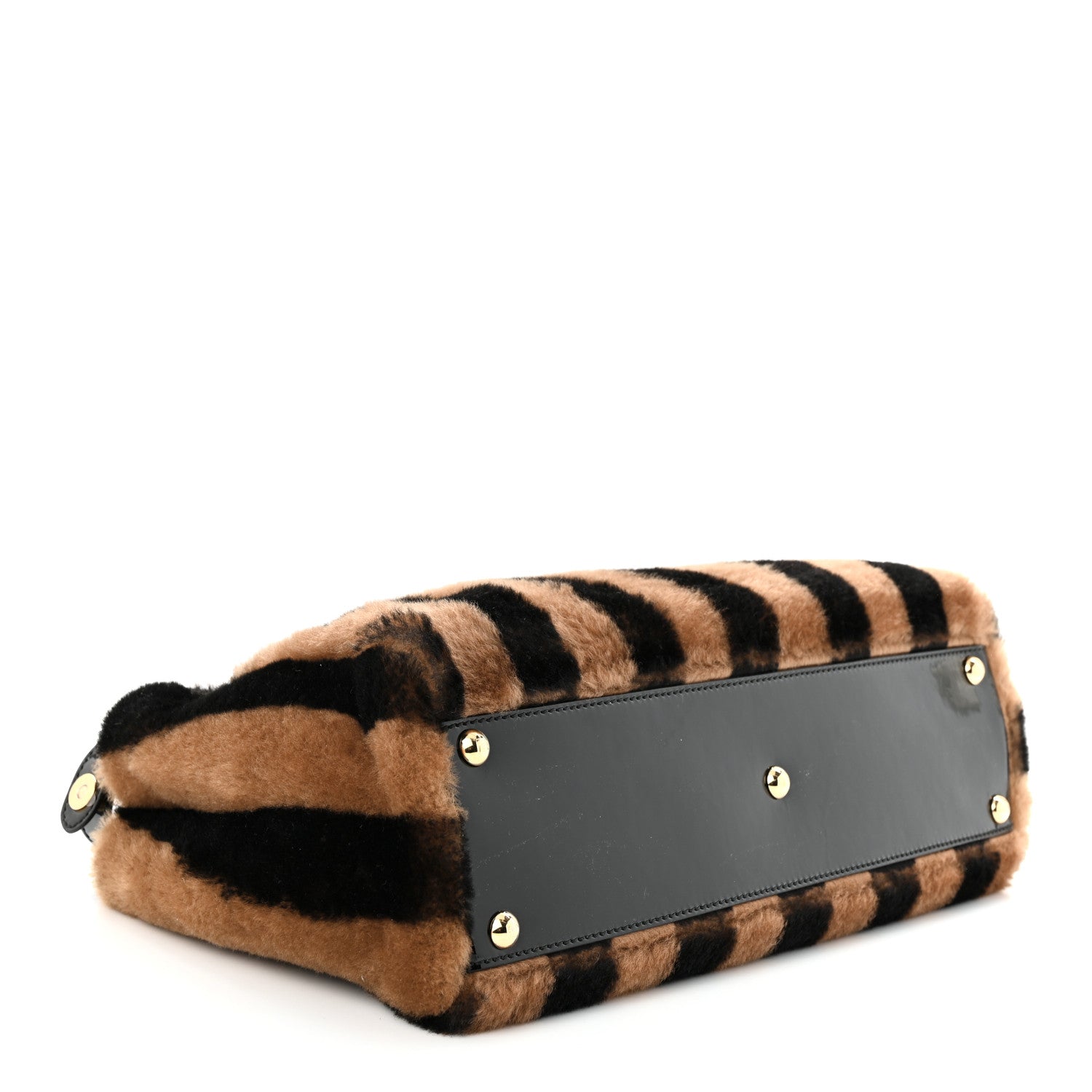 Fendi Shearling Vitello Vernice Mou Pequin Striped Medium Peekaboo Iconic Satchel Tobacco Black 4 of 11