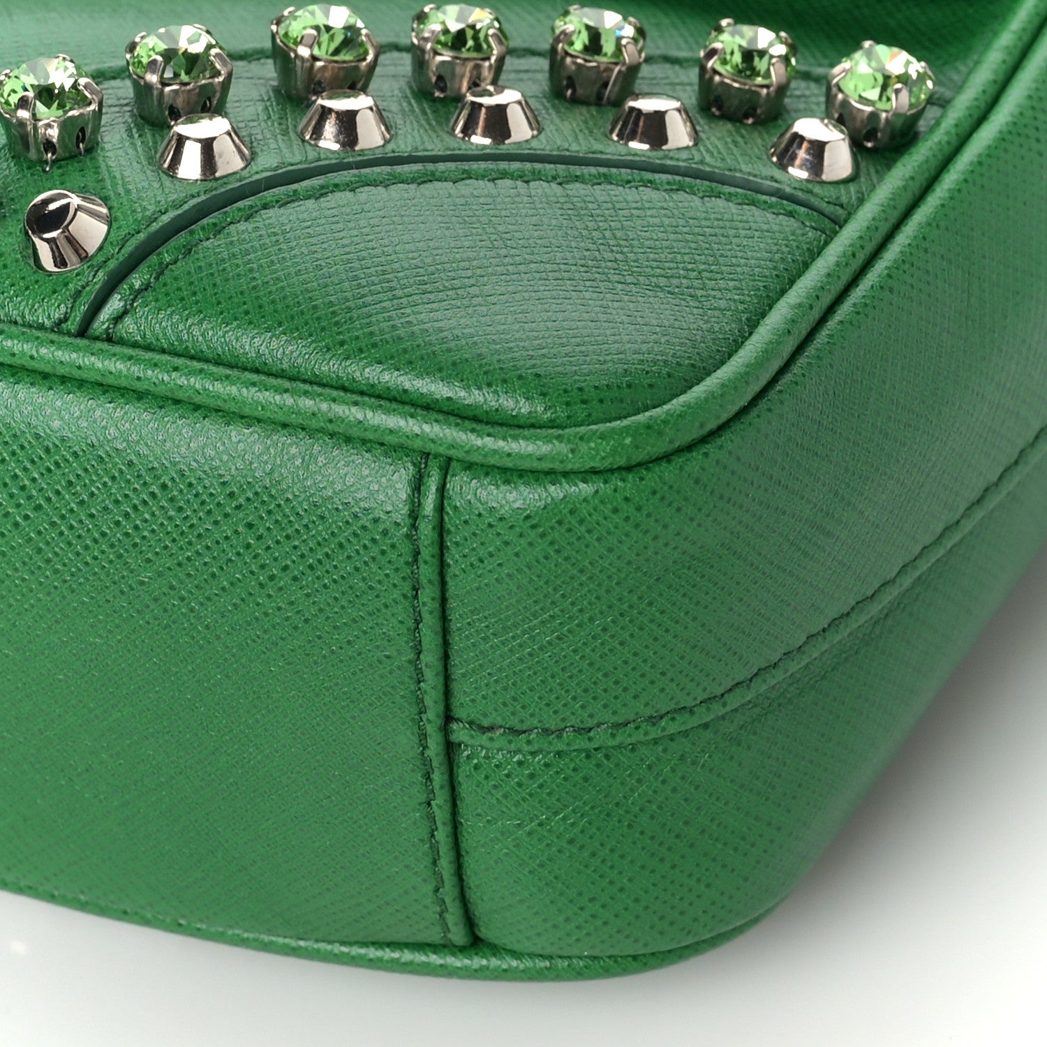 Prada Saffiano Crystal Sound Studded Shoulder Bag Verde 7 of 7