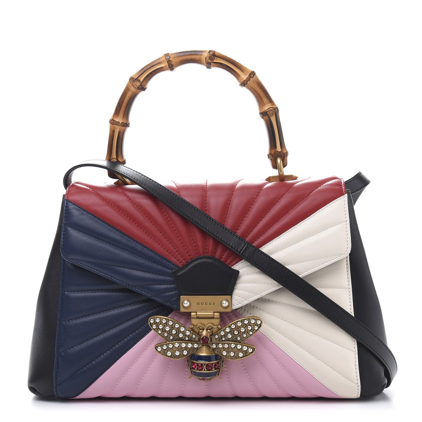 Calfskin Bamboo Trapuntata Queen Margaret Top Handle Bag Blue Agata Hibiscus Red Mystic White Sugar Pink