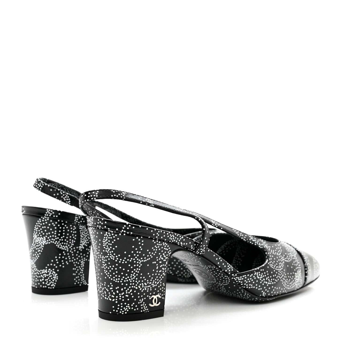 Calfskin Camellia Printed Cap Toe CC Slingback Pumps 39.5 Black White