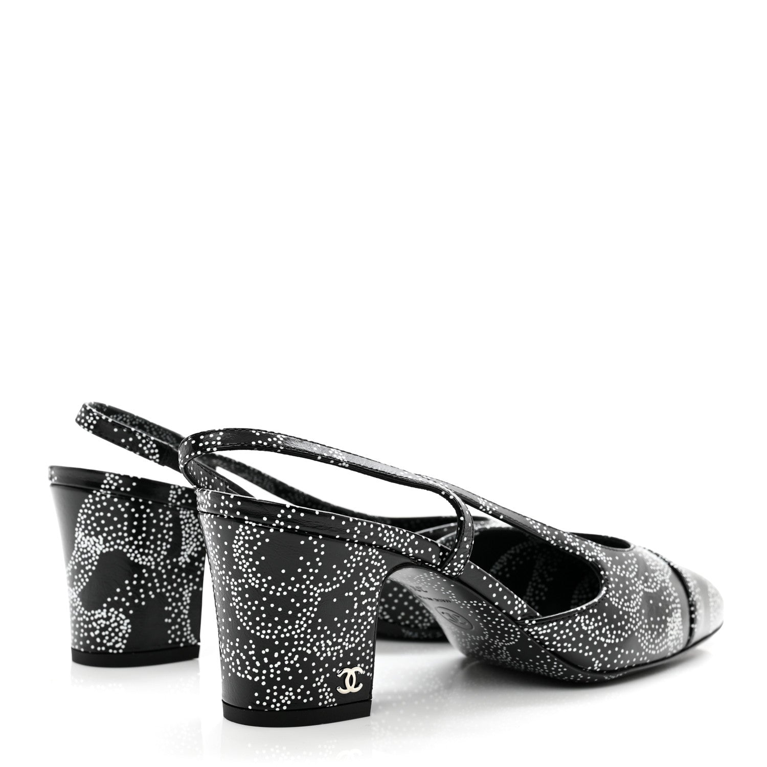 Chanel Calfskin Camellia Printed Cap Toe CC Slingback Pumps 39.5 Black White 4 of 9