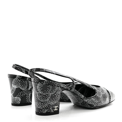 Chanel Calfskin Camellia Printed Cap Toe CC Slingback Pumps 39.5 Black White 4 of 9