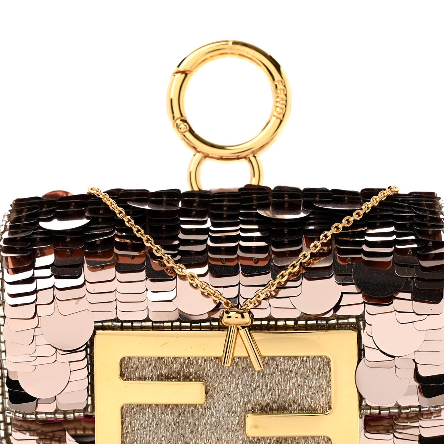 Fendi Sequin Paillettes Shiny Nappa Sex and the City Nano Maxi Buckle Baguette Charm Tortora 8 of 10