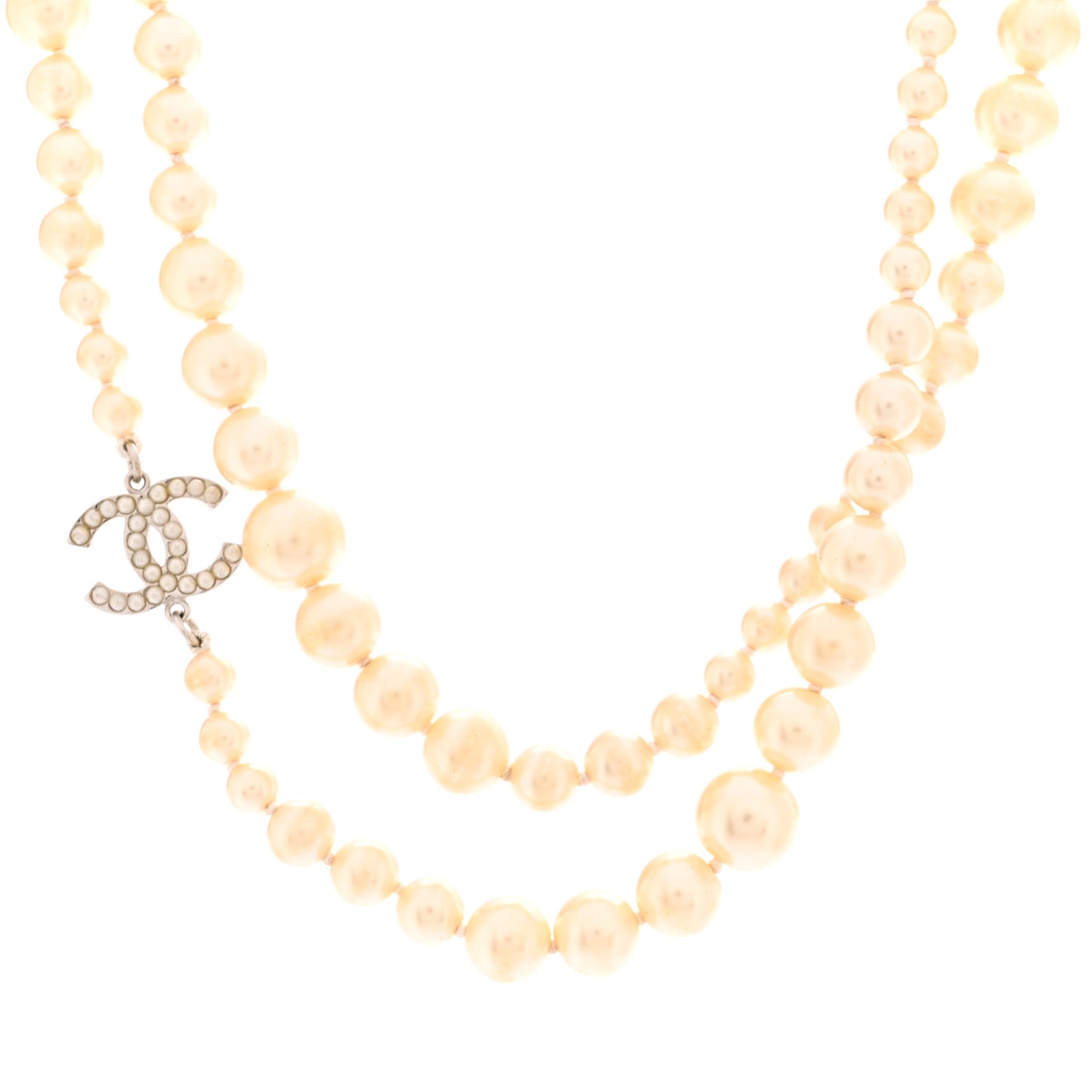 Graduated Pearl CC Long Necklace Silver