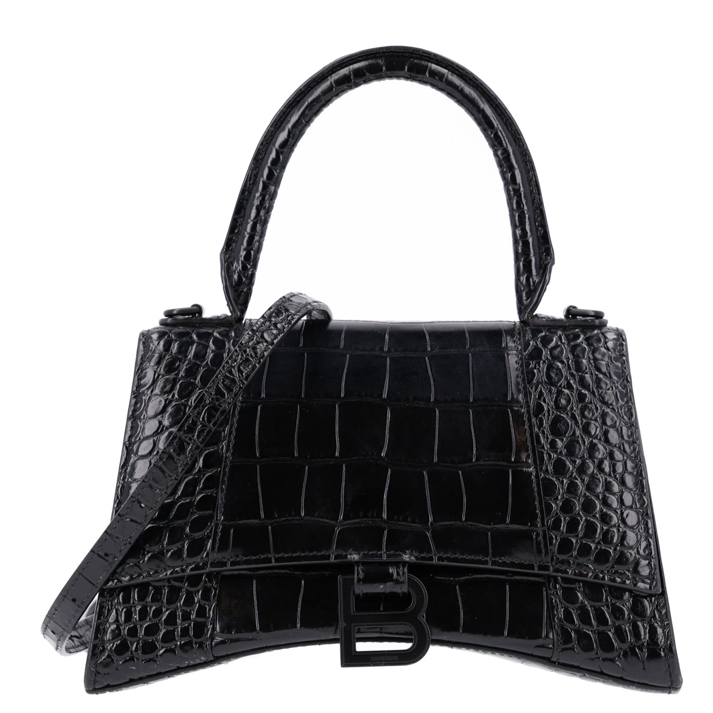 Shiny Calfskin Monochrome Crocodile Embossed Small Hourglass Top Handle Bag Black