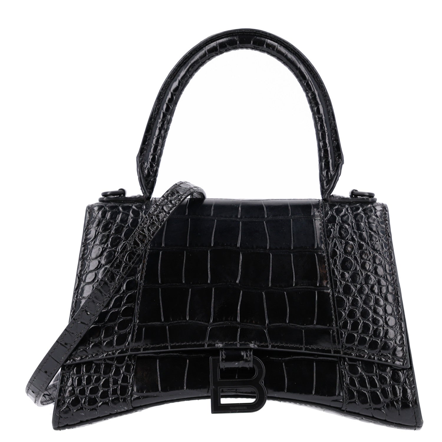 Balenciaga Shiny Calfskin Monochrome Crocodile Embossed Small Hourglass Top Handle Bag Black 1 of 10