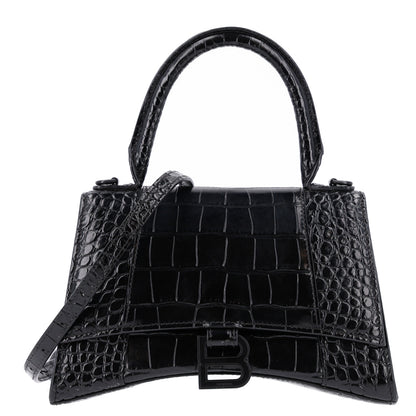 Balenciaga Shiny Calfskin Monochrome Crocodile Embossed Small Hourglass Top Handle Bag Black 1 of 10