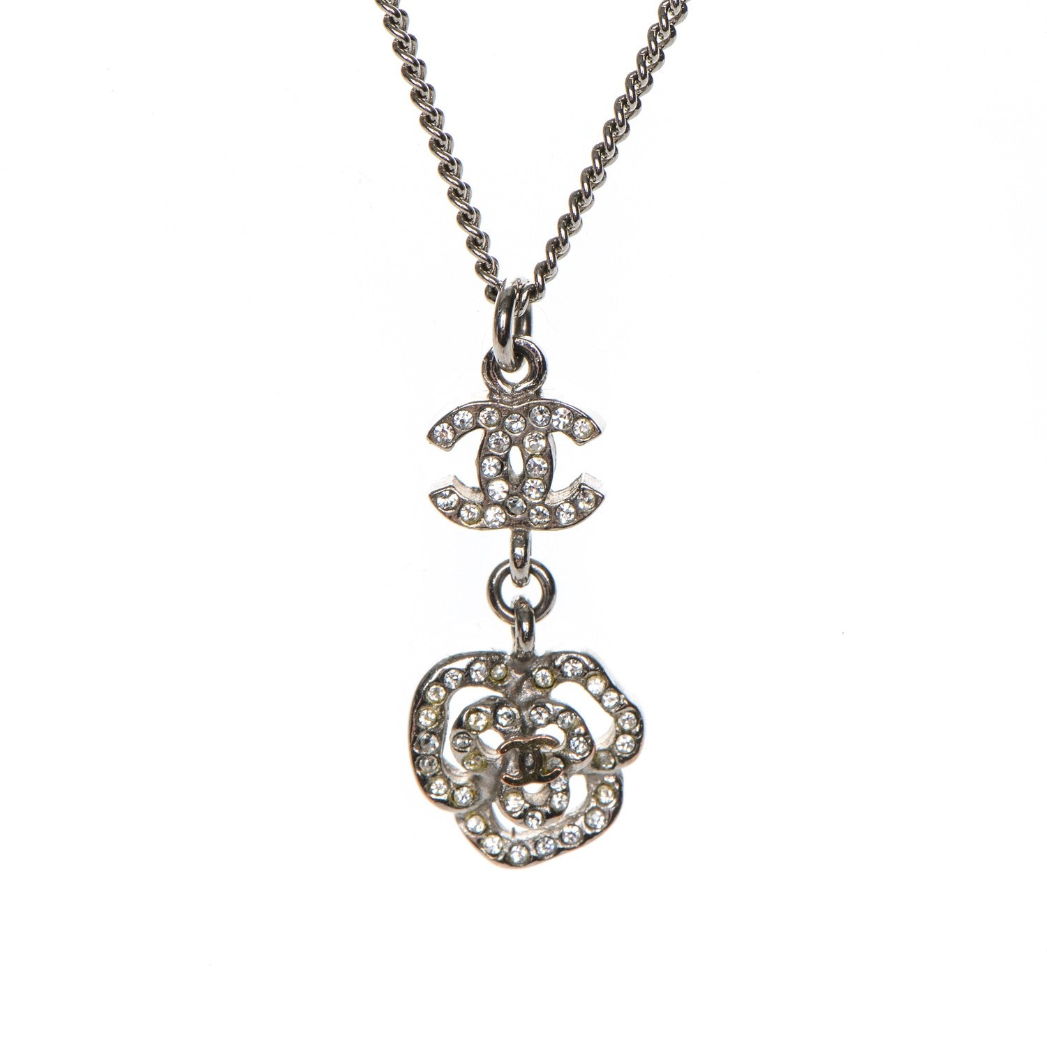 Chanel Crystal CC Camellia Necklace Silver 3 of 8