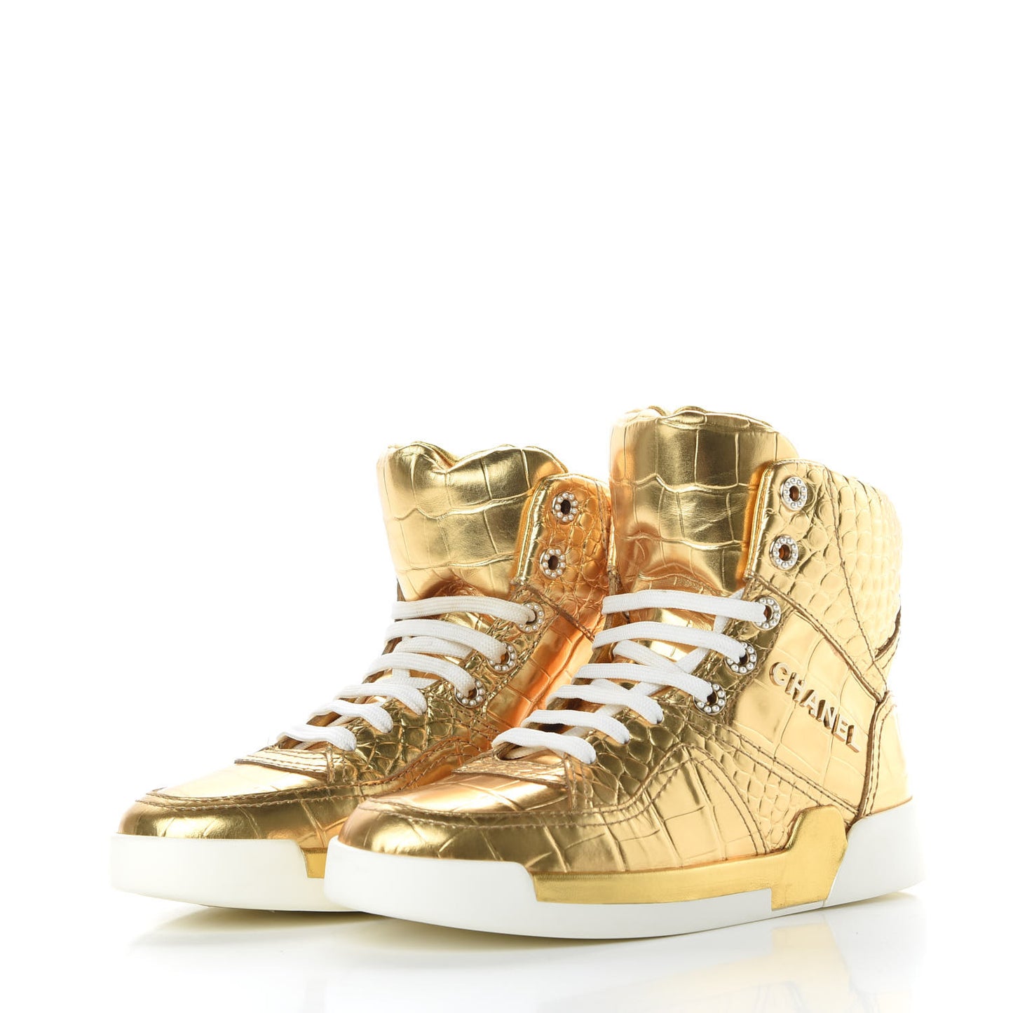 Metallic Calfskin Crocodile Embossed Cocodile High Top Sneakers 36.5 Gold