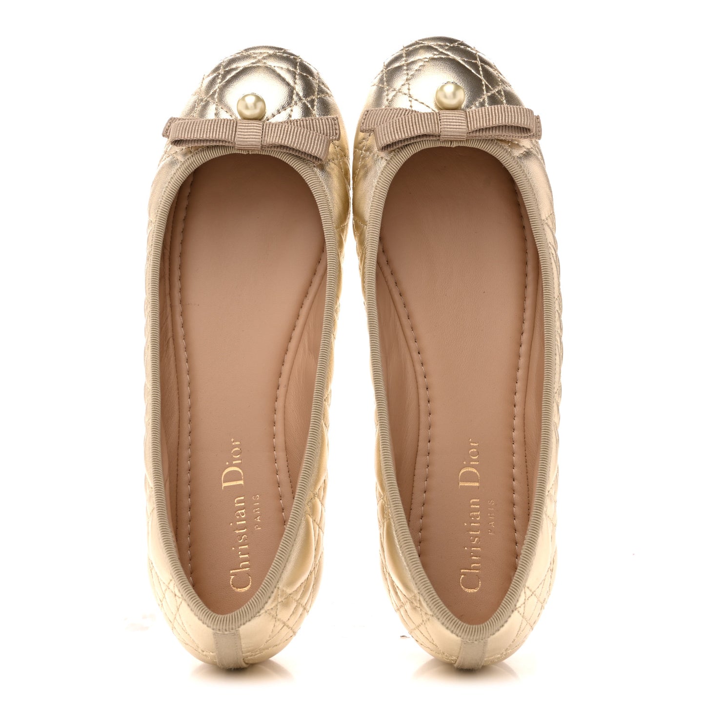 Metallic Lambskin Cannage Pearl Bow Ballet Flats 38 Pale Gold