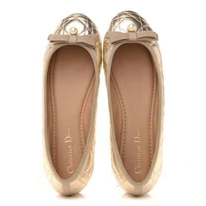 Christian Dior Metallic Lambskin Cannage Pearl Bow Ballet Flats 38 Pale Gold 2 of 10