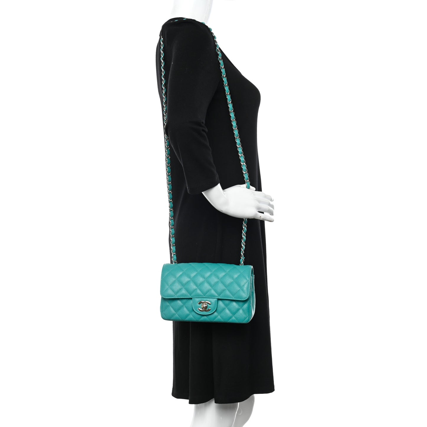 Caviar Quilted Mini Rectangular Flap Turquoise