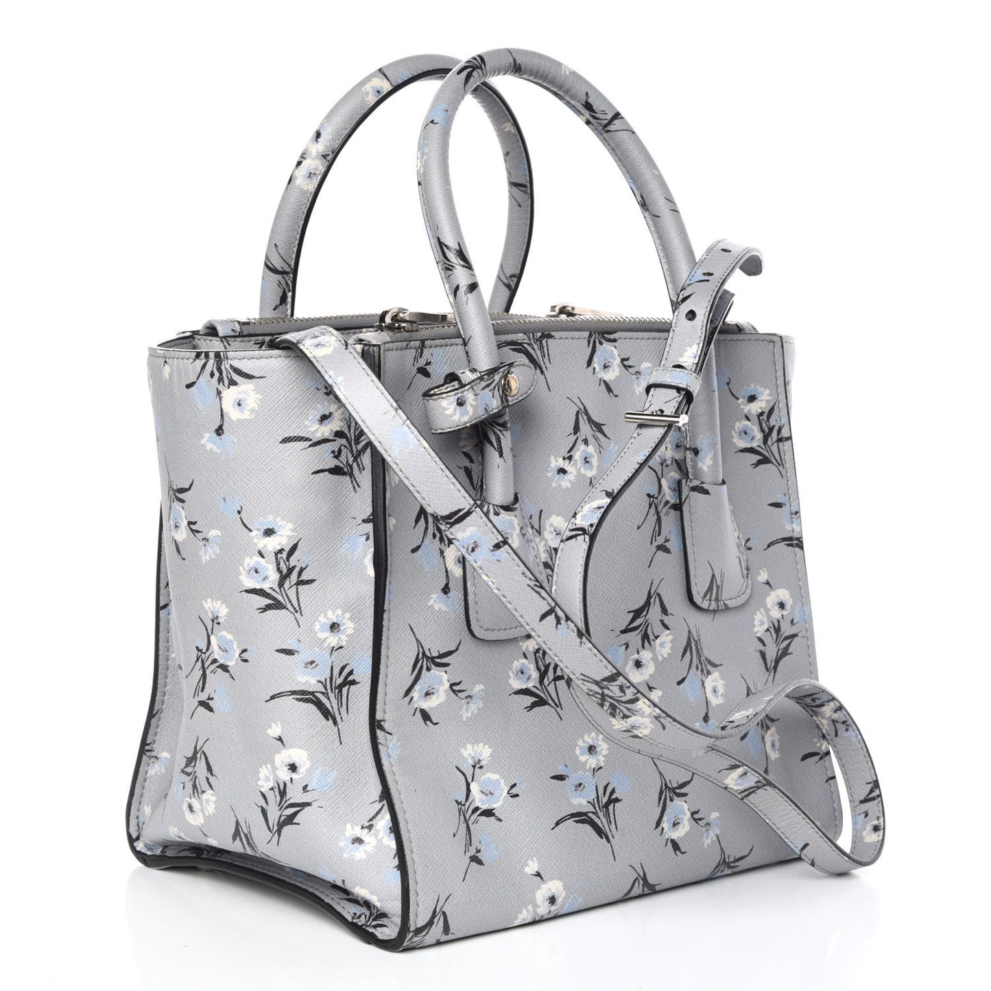Soft Saffiano Floral Print Twin Pocket Tote Acciaio