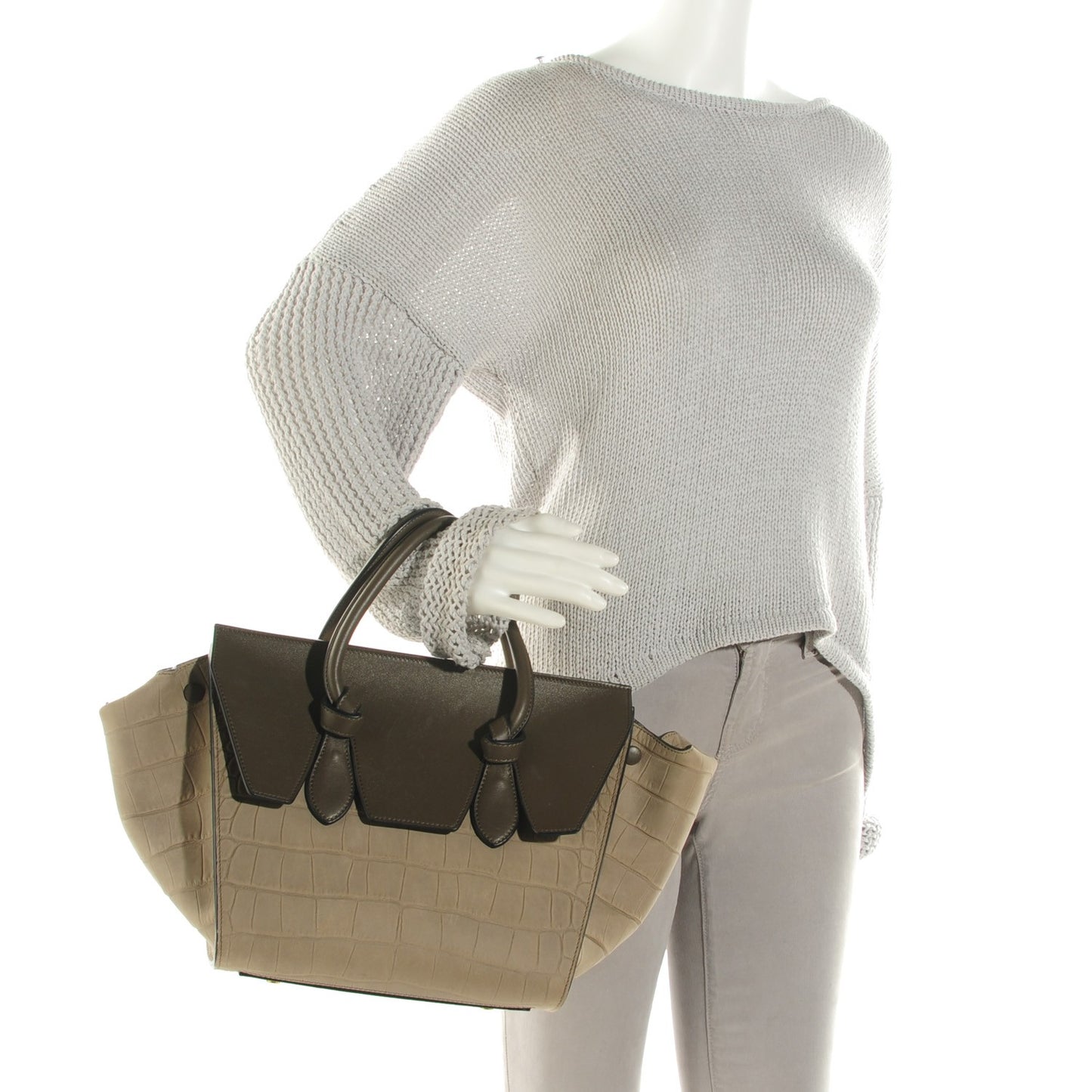 Smooth Calfskin Crocodile Embossed Nubuck Mini Tie Tote Grey