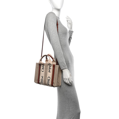 Chloe Linen Calfskin Small Woody Ribbon Tote With Strap White Brown 2 of 10