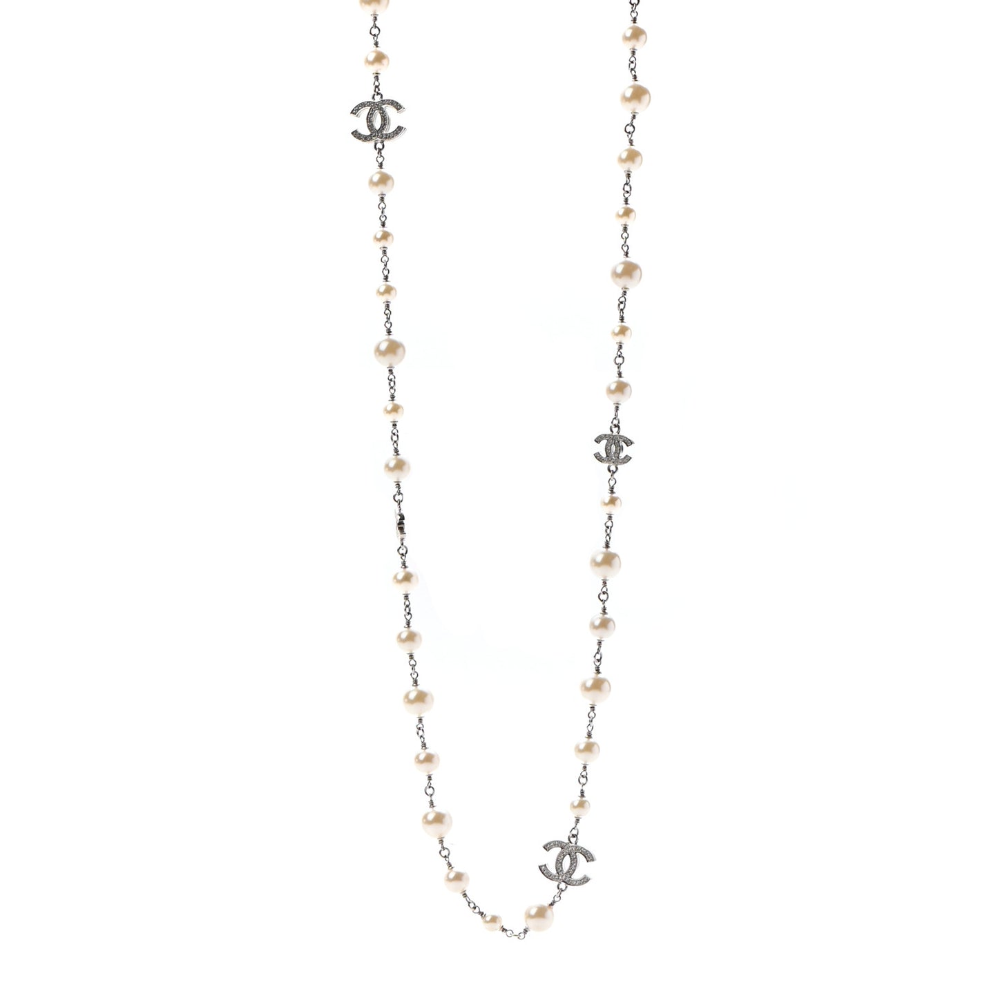 Crystal Pearl CC Long Necklace Silver