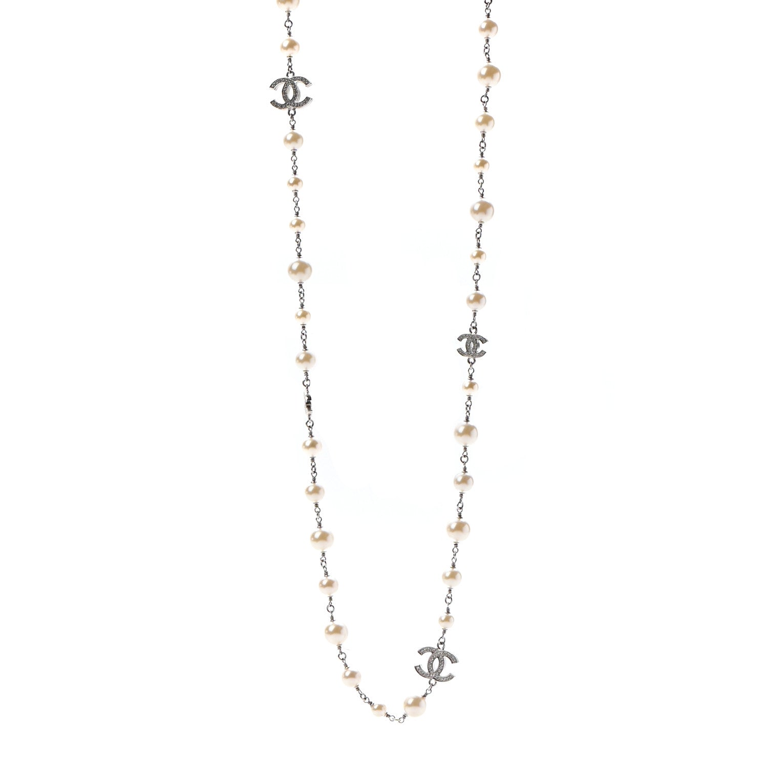 Chanel Crystal Pearl CC Long Necklace Silver 1 of 5