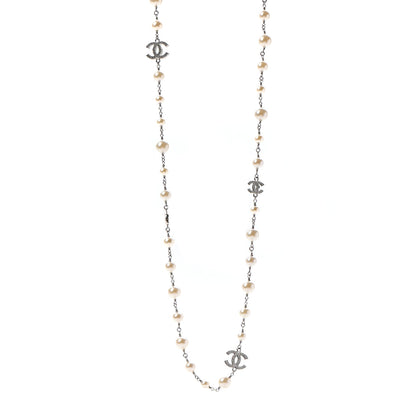 Chanel Crystal Pearl CC Long Necklace Silver 1 of 5