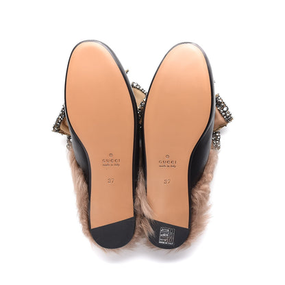 Gucci Malaga Kid Fur Crystal Bow Embroidered Womens Princetown Slippers 37 Black 5 of 12