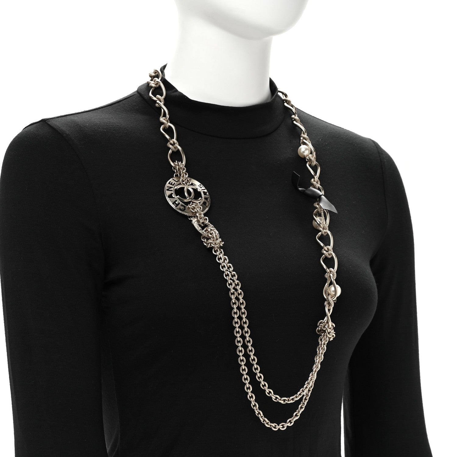 Chanel Metal Pearl Chain CC Paris Pendant Long Necklace Light Gold 2 of 6